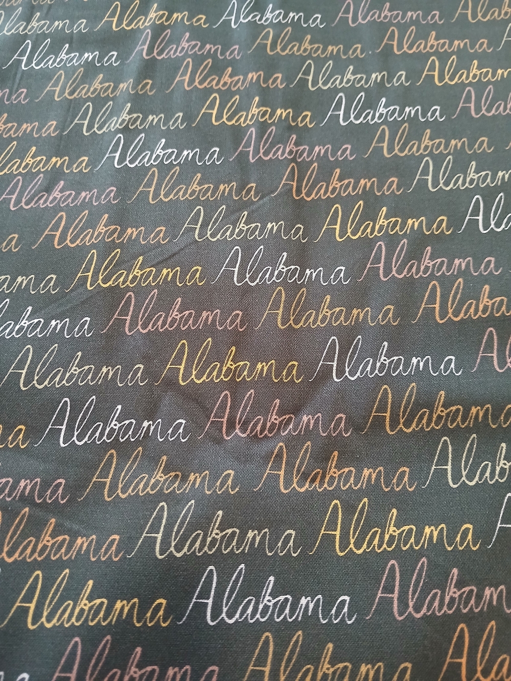 Alabama Script Print Cotton Fabric Multicolor Text on Black - 2 yards